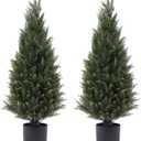 3ft(35) Artificial Cedar Outdoor Artificial Shrub Sunlight Resistant Leafy Potted Plant for Indoor Porch of Home and Office Artificial Outdoor Tree 2 Pieces a Set Topiary Trees