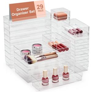SMARTAKE 29-Piece Drawer Organizer with Non-Slip Silicone Pads, 4-Size Desk Drawer Organizer Trays Storage Tray for Makeup, Jewelries, Utensils in Bedroom Dresser, Office and Kitchen (Clear) (X Large)