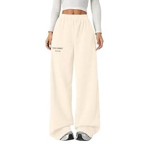 RoseSeek Girl's Baggy Sweatpants Letter Print High Waisted Wide Leg Pants Joggers Sweat Track Pants Trendy Apricot 12Y