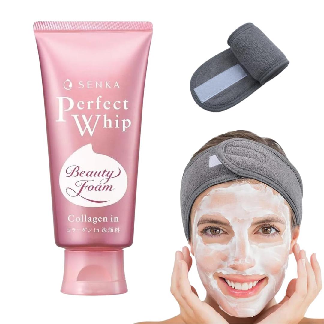 Perfect Whip Collagen-in Beauty Foam Facial Cleanser 120g - For Dry & Aging Skin | Skin Firming Formula - Free Hairband Included