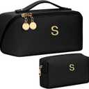 Birthday Gifts for Women Teen Girl, Personalized Initial Makeup Organizer Bag Set, Open Flat Travel Cosmetic Bag With Clear Divider and Handle(Black,S)
