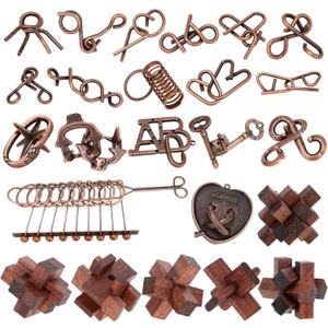 24 Pcs Brain Teaser Puzzles for Adults - Metal Puzzles 3D Puzzle Game Toys for Adults Teens - Wooden Unlock Interlocking Puzzle Adult IQ Education Smart Toys