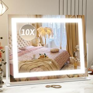 ROLOVE Vanity Mirror with Lights 22"x18", Lighted Makeup Mirror with 10X Magnification, Smart Touch 3 Colors Dimmable, 360 Rotation, Women Gift, Dresser Mount, Bathroom (White)