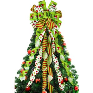 Christmas Tree Topper Bow Wreath, 44 x 13 Inches Large Green Bow Tree Topper, Christmas Wreath for Tree Indoor/Outdoor Christmas Decoration