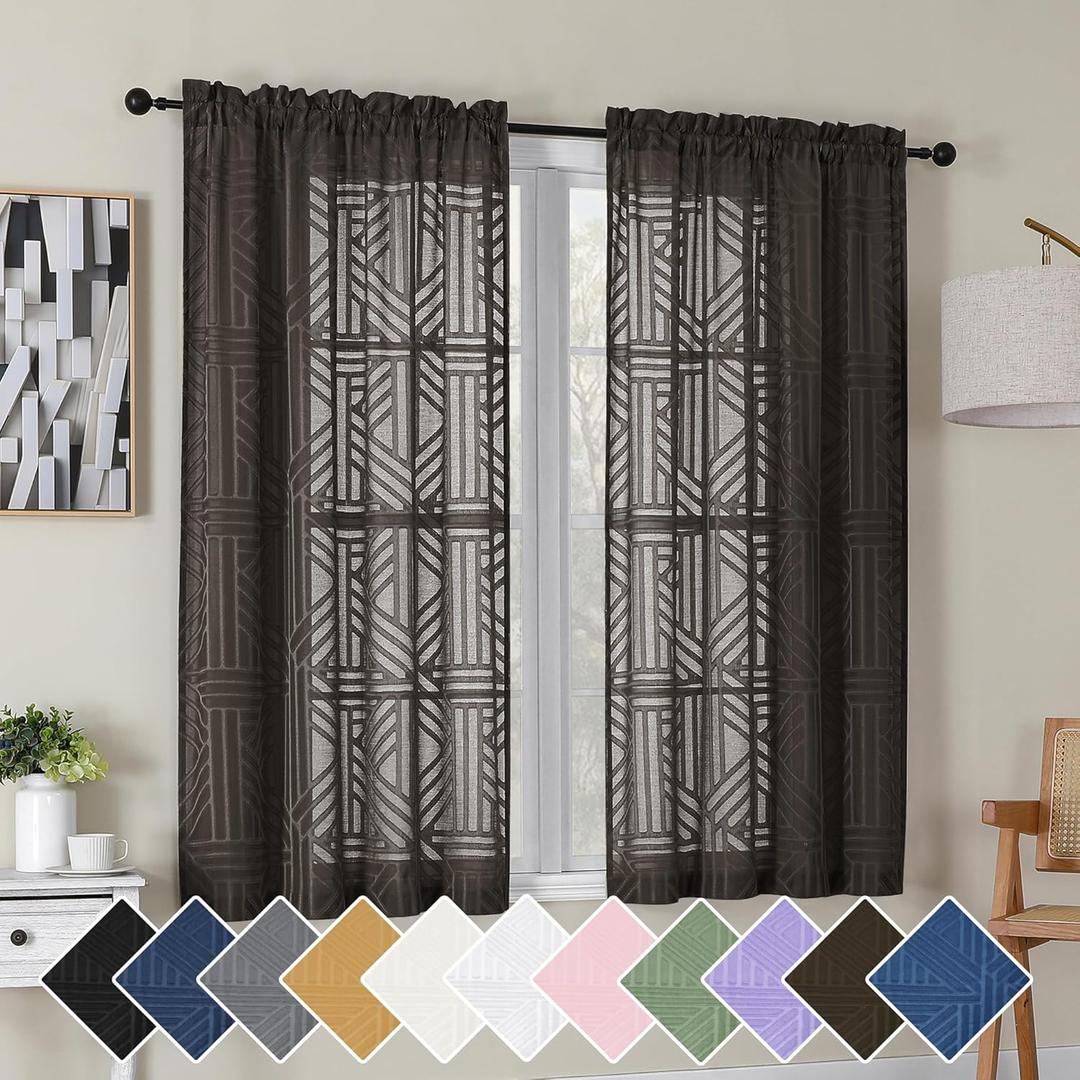Simplebrand Chocolate Semi Sheer Curtains 54 Inch Length 2 Panels, Geometric Jacquard Clip Textured Short Sheer Curtains for BedroomModern Elegant Window Curtains Drapes/Treatment Sheer42x54 inch