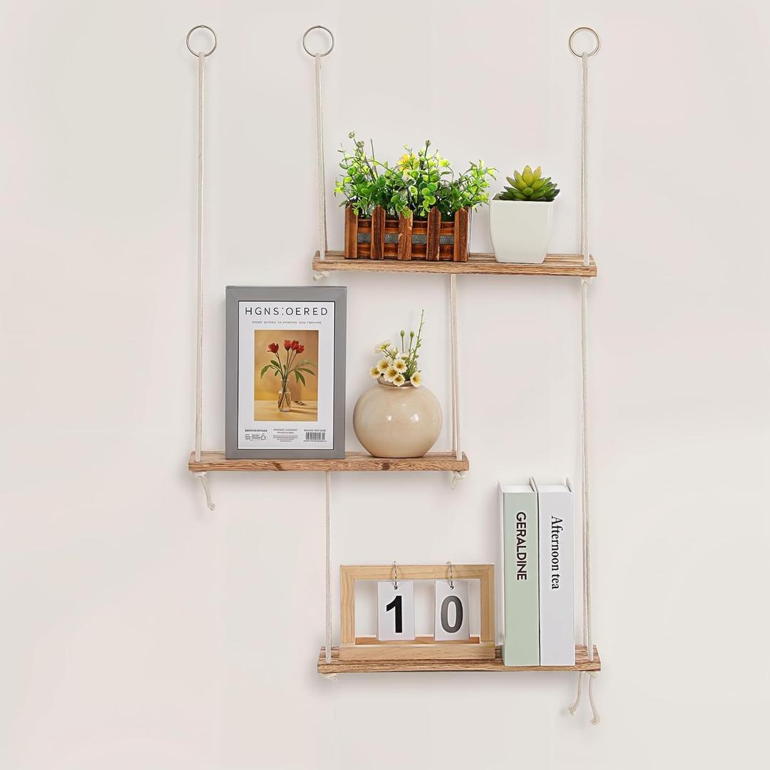 Boho Wall Shelves for Plants - 3 Tier Macrame Wall Hanging Shelves, Wooden Hanging Storage Floating Shelves, Rope Hanging Shelves for Wall Decor in Living Room, Bedroom, Bathroom