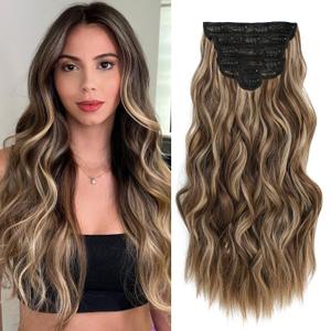 Light Brown&Honey Blonde Hairpieces for wedding, Natural & Blends Well, Synthetic Clip in Hair Extensions (20inch, 6pcs, Light Brown&Honey Blonde)