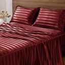 BEDELITE Satin Sheets King Size, Luxury Jacquard Striped Burgundy Bedsheets with Elastic Corner Straps, Similar to Silk Sheets Set 4 PC with 1 Deep Pocket Fitted Sheet, 1 Flat Sheet, & 2 Pillowcases