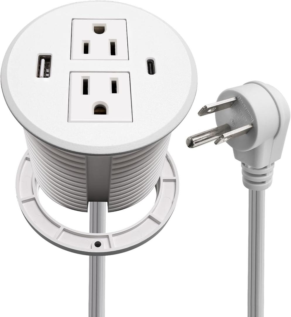 Desk Power Grommet USB C Total 30W, PD Fast Charge Desktop Power Strip 2 Outlets 2 USB Ports Recessed Flat Plug Extension Cord Mount into Countertop Shelf Cabinet End Table. (White)