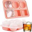 Acomler Ice Cube Molds Tray, 3 Big Crystal Square Cubes & 3 Round Sphere Golf Ice Ball Makers, Large Silicone Whiskey Ice Mold, Fun Shape Ice Trays with Funnel for Whiskey, Cocktails, Bourbon (Pink)