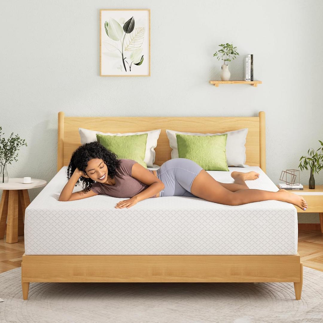 EGOHOME 8 Inch Queen Mattress, Memory Foam Mattress in a Box with Cooling Green Tea Gel, Relieve Pressure with Medium Firm Support, CertiPUR-US Certified, 80''L x 60''W, White