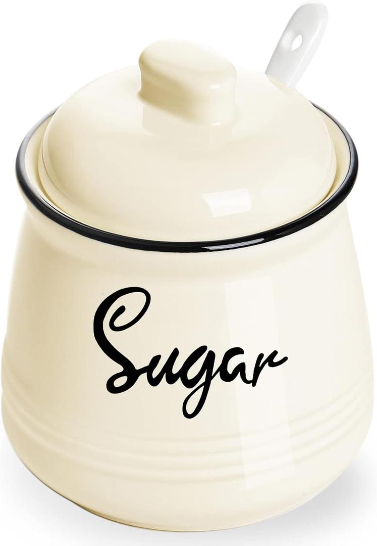 HAOTOP Farmhouse Porcelain Sugar Bowl with Lid and Spoon 12oz,Easy to Clean (Beige)