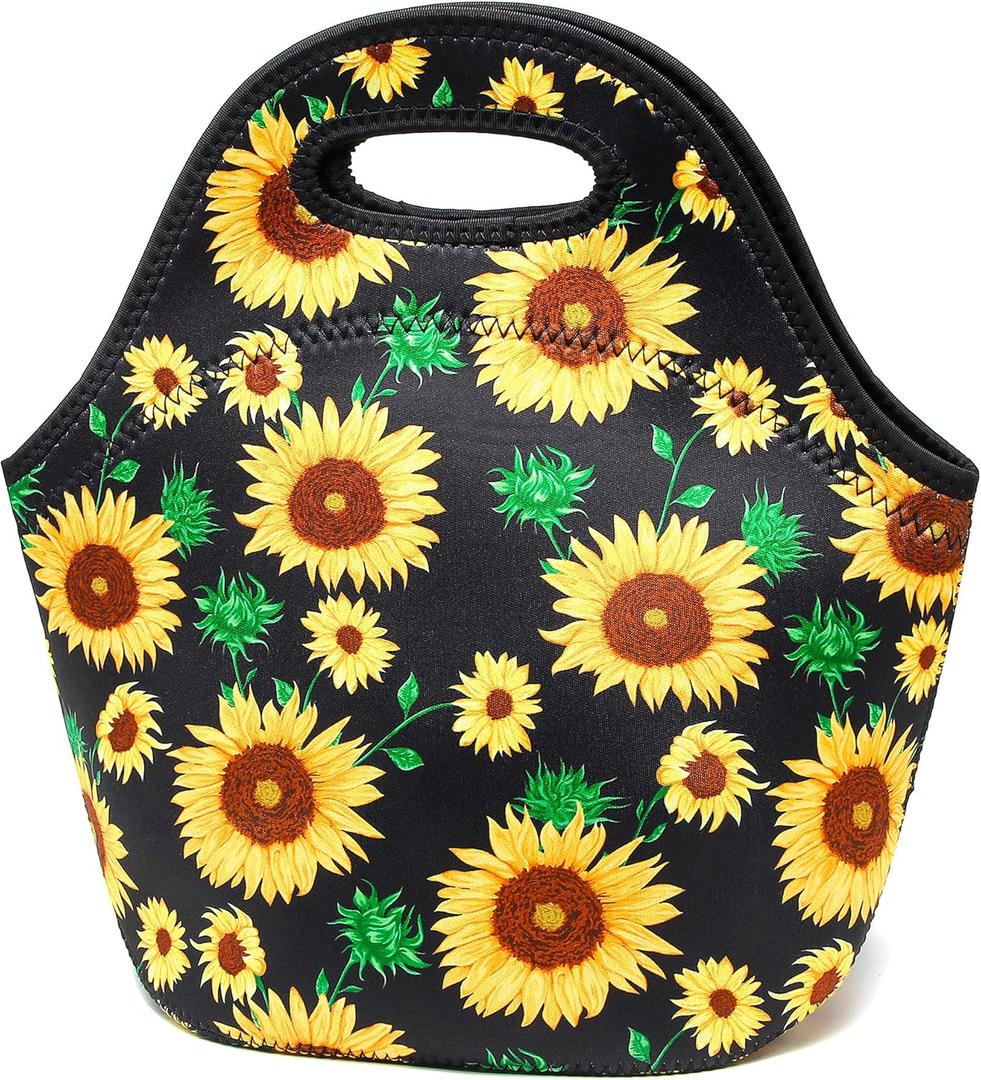 Neoprene Lunch Bag for Women Insulated Lunch Tote Bags Washable Lunch Container Box for Work Picnic Lightweight Meal Prep Bags for Men (Sunflower leaf)