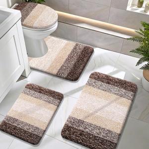 OLANLY Bathroom Rugs Sets 4 piece, Soft Microfiber Absorbent Bath Mat, U-Shaped Contour Toilet Mat and Toilet Lid Cover, Quick Dry, Machine Washable, Toilet Cover and Rug Set for Bathroom, Brown (30" x 20" + 24" x 16" + U24" x 20" + 17.5" x 15")