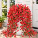 Yastouay Artificial Hanging Flowers for Outdoors, Fake Hanging Flowers for Decoration, UV Resistant Artificial Outdoor Plants, 2 Pcs Morning Glory for Outdoors Garden Patio Porch Yard Decoration, Red