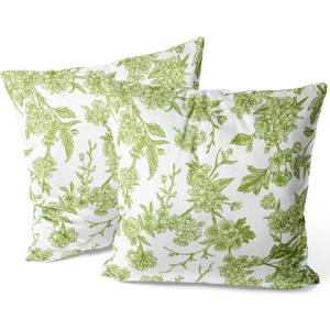 Green and White Floral Throw Pillow Covers, 2 Sets 18X18 Inch Decorative Throw Pillow Cases, Soft Cushion Case for Room Home Decoration