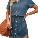 luvamia Women Casual Denim Dress Short Sleeve Tie Waist Classic Jean Shirt Dress (Small, Vintage Blue)
