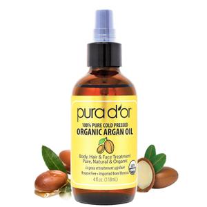 PURA D'OR 4 Oz Organic Moroccan Argan Oil  100% Pure Cold-Pressed Virgin Grade  Lightweight Moisturizer for Skin, Face, Body & Hair Relaxer  Helps Dry Skin, Scalp Care, Split Ends, Nails & Cuticles