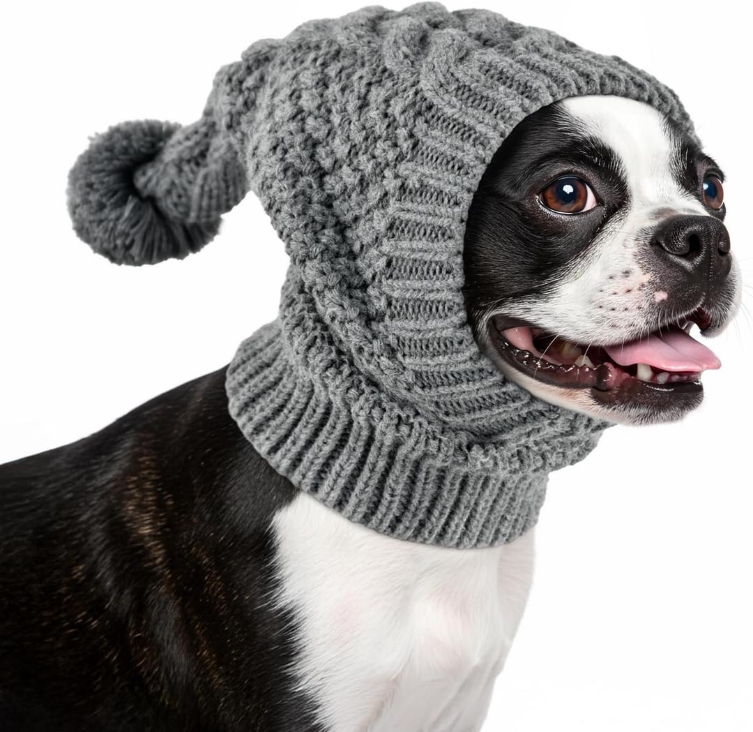 Vehomy Dog Knitted Hat Cat Christmas Wool Hat Pet Winter Accessories Warm Head Wrap with Ears Cover Puppy Hood Neck Headband Protector for Small Medium Large Dogs Grey (M)