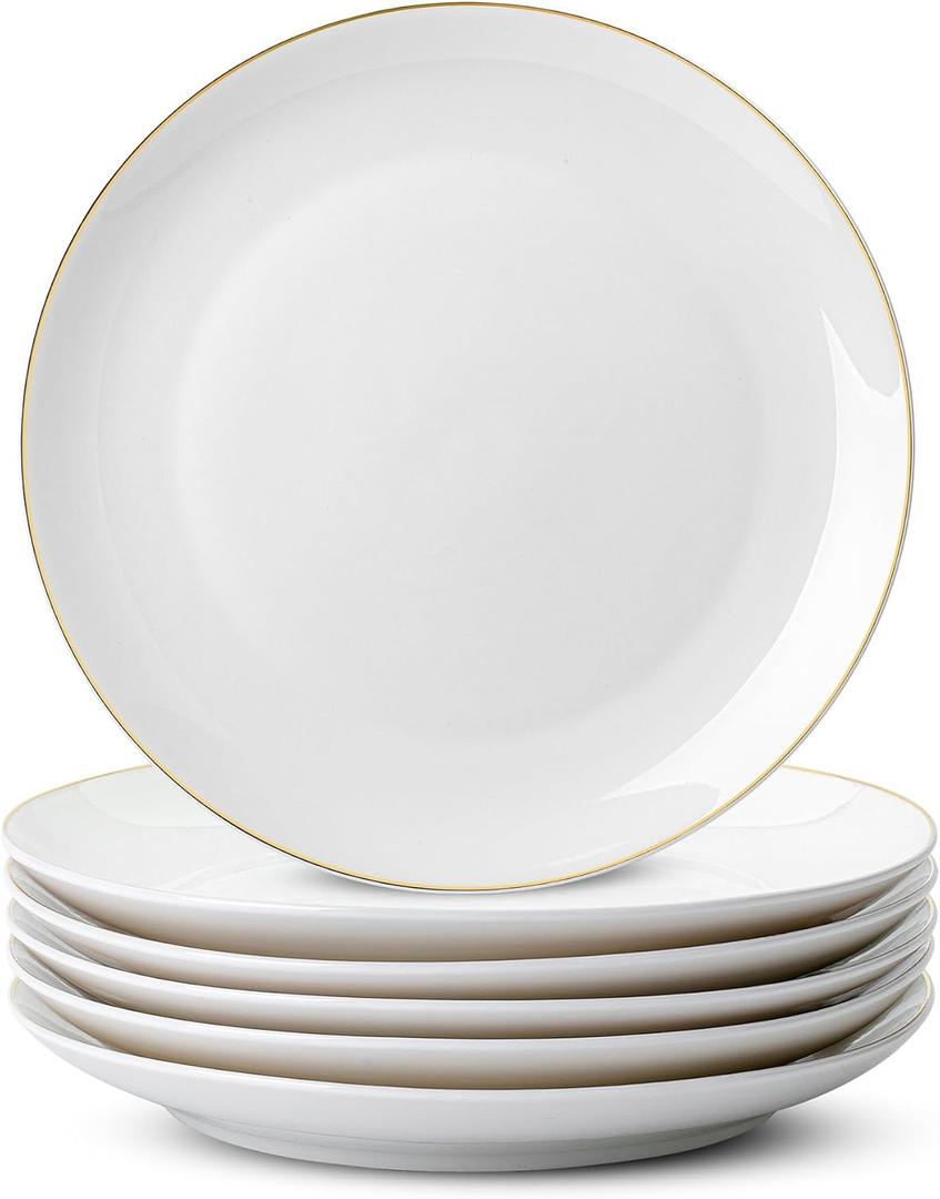 BTaT- White Porcelain Dinner Plates with Gold Rim, Set of 6, 10.5", Porcelain Dinner Plates, Christmas Gifts