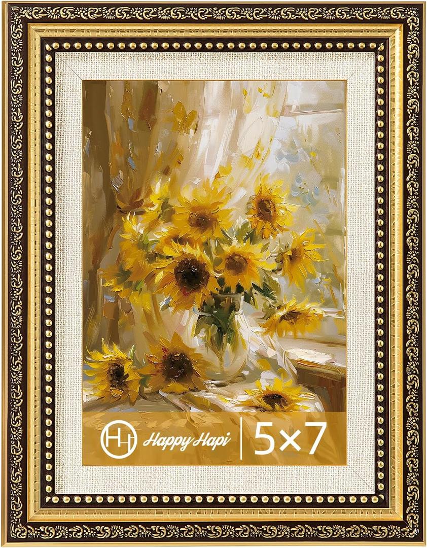 HappyHapi 5x7 Picture Frame, Vintage Picture Frames for Wall or Tabletop Display, Gold Photo Frame for Wall Decor Retro Home Decor, 1 Pack