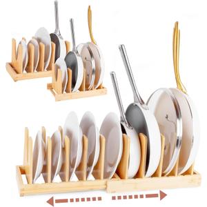 Pot and Pan Organizer for Under Cabinet  Bamboo Pot Lid Organizer for Cabinet with Magnetic Lock, Expandable 2-in-1, Adjustable Dividers, Non-Slip Base for Cutting Boards, Cookie Sheets, Bakeware