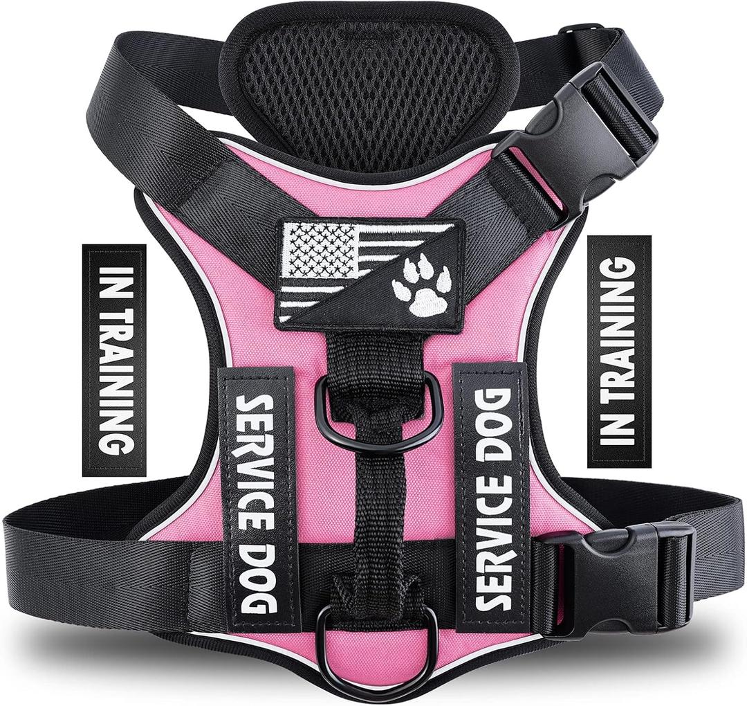 Demigreat Service Dog Harness, Reflective Dog Vest Harness with 5 PCS Patches, Adjustable Soft Oxford Pet Harness, Inner Layer Mesh, Easy to Control for Dogs (Large (Pack of 1), Pink)