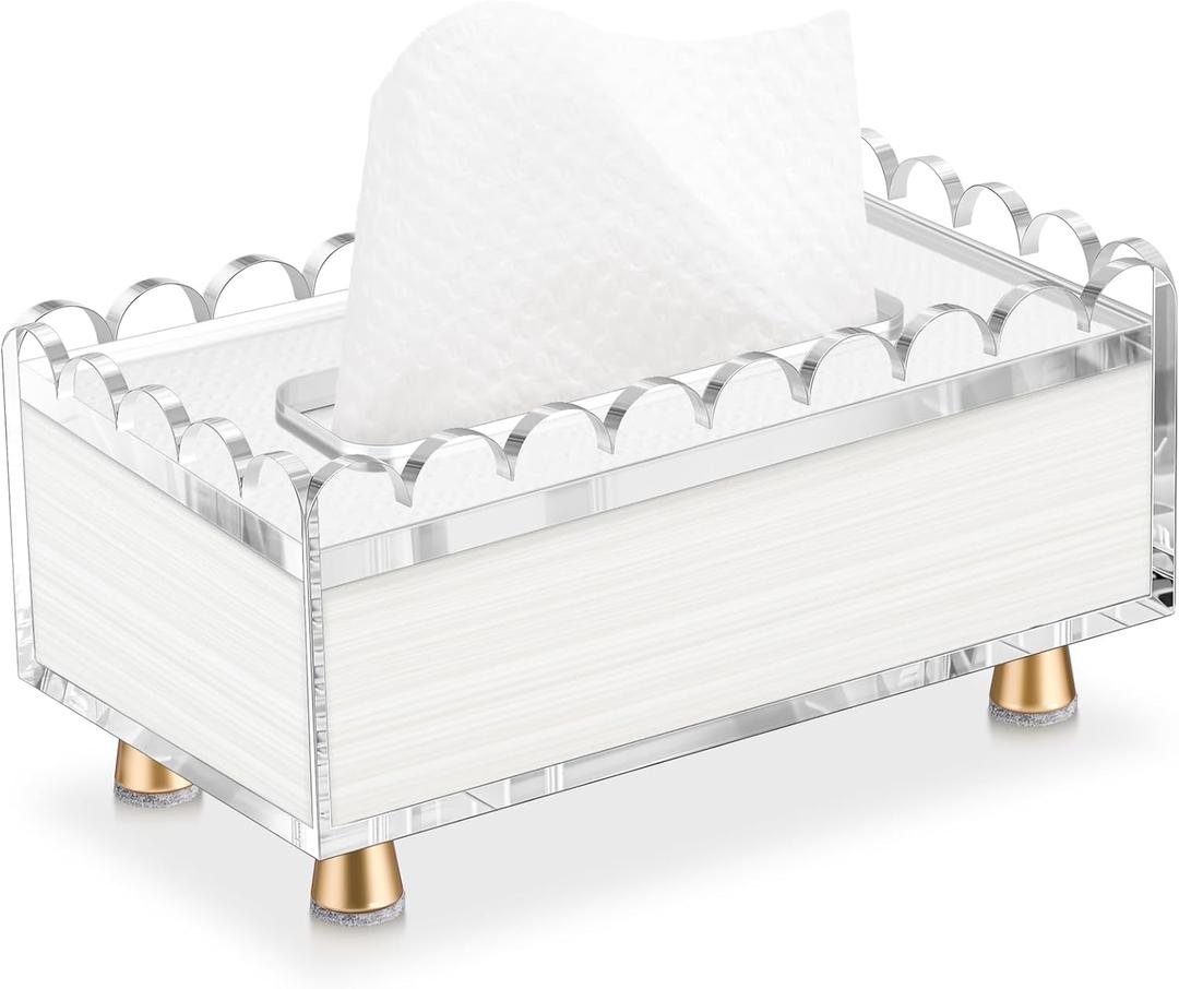 Clear Acrylic Scalloped Tissue Box Cover Holder with 8mm Thick Top Lid and Gold Plated Aluminum Legs Rectangle Napkin Dispenser Organizer for Bathroom Kitchen Bedroom Office Hotel
