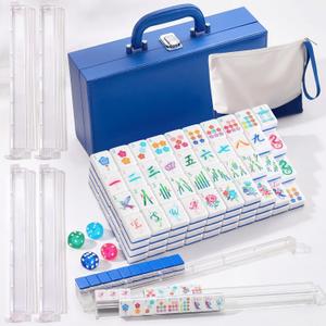 American Mahjong Set 168 Acrylic Numbered Tiles, 4 All-in-One Rack/Pushers, 4 Dice, Tiles Bag and Portable Travel Case Full Size Complete Mahjong Game Set(Blue,Standard Size)