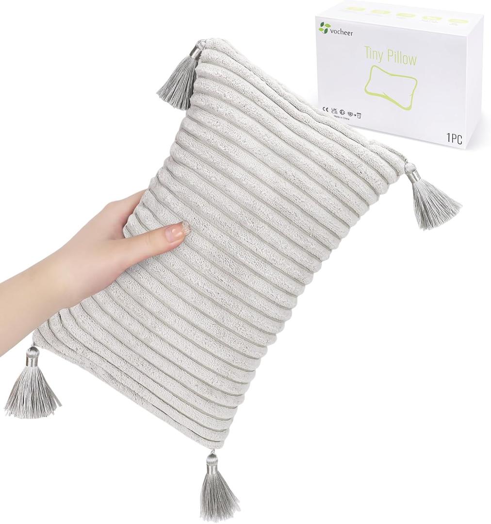 vocheer Small Travel Pillow with Tassels, 11"x 7" Neck Pillow for Sleeping, Mini Travel Pillows, Tiny Pillows for Neck, Wrist, Lumbar and Knee, Pets, Machine Washable, Grey-1pc