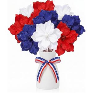 9 Pcs Red White Blue Poinsettia Flowers 4th of July Memorial Day Patriotic Flowers Artificial 250th Anniversary Christmas Tree Picks for Veterans DIY Table Centerpiece Vase Filler Party Decorations