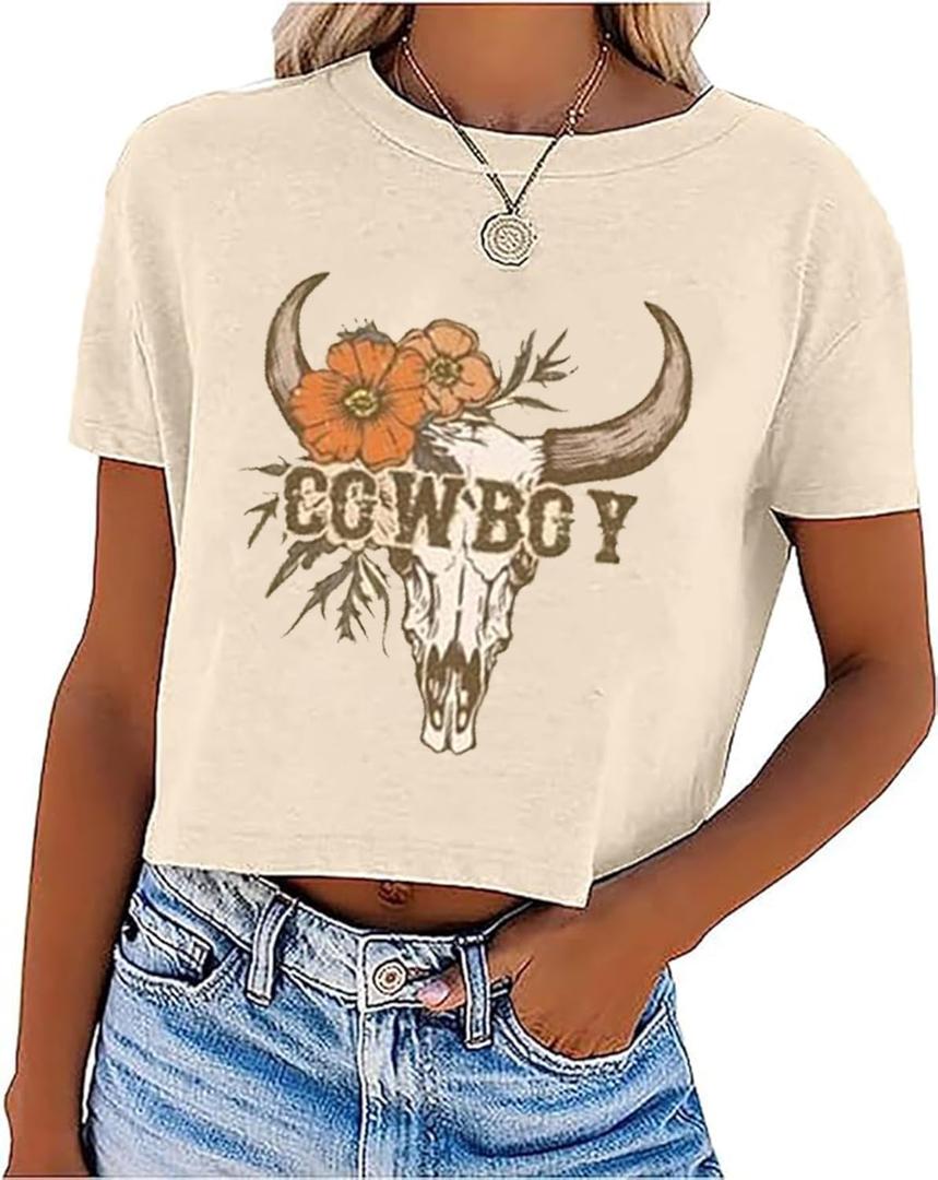 Vintage Western Crop T-Shirt for Women Cowgirl Tops Country Music Shirt Retro Cowboy Graphic Cropped Tees Tops (Beige, M)