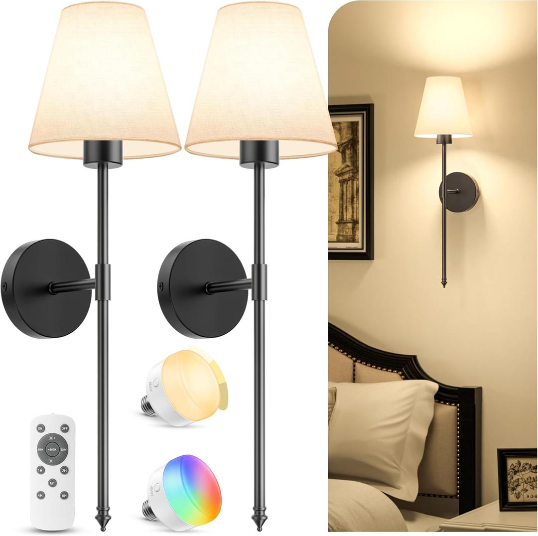 VOLISUN Battery Operated Wall Sconces Set of Two, Wireless Wall Sconces with Remote and Dimmable Bulbs, 9 Colors Battery Powered Wall Lights, Black Rechargeable Wall Lamps for Bedroom (23.6 inch)