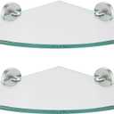 JQK Corner Glass Shelf, Brushed Steel Bathroom 304 Stainless Steel Shower Triangle Floating Wall Shelf, 10 x 10 Tempered Glass, 2 Pack, TGS190L10-BN-P2