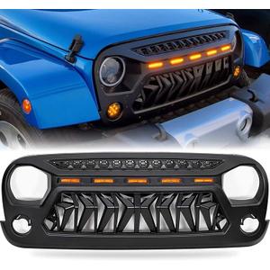 Grill Compatible with The Following Models:Jeep Wrangler 2007-2018 JK JKU Shark Grille Accessories Matte Black with 5 Amber Lights Including Unlimited Rubicon Sahara Sport