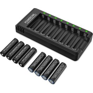 Rechargeable AA Batteries with Charger, POWEROWL 8 Pack of 2800mAh High Capacity Low Self Discharge Ni-MH Double A Batteries with Smart 8 Bay Battery Charger (USB Fast Charging, Independent Slot)