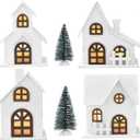 Wood & Plastic Christmas Sculpture Set, 9pcs, Including 4 LED Lighted Houses and 5 Frosted Trees for Tabletop Mantel Dcor