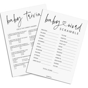 Baby Shower Games - Baby Trivia and Word Scramble Game, 50 Double-Sided Cards (Minimalist) (White)