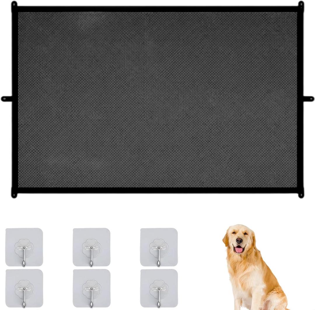 Adjustable Pet Barrier 48.3 * 28.3 inchs, Mesh Gate for Pets with 6 Transparent Hooks,Retractable Dog Gate, Durable Material for Doorways and Openings