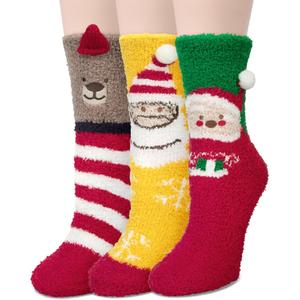 YSense 3 Pairs Womens Fuzzy Socks Cozy Winter Warm Fluffy Soft Cute Animal Fuzzy Home Slipper Socks (Red Yellow Green)
