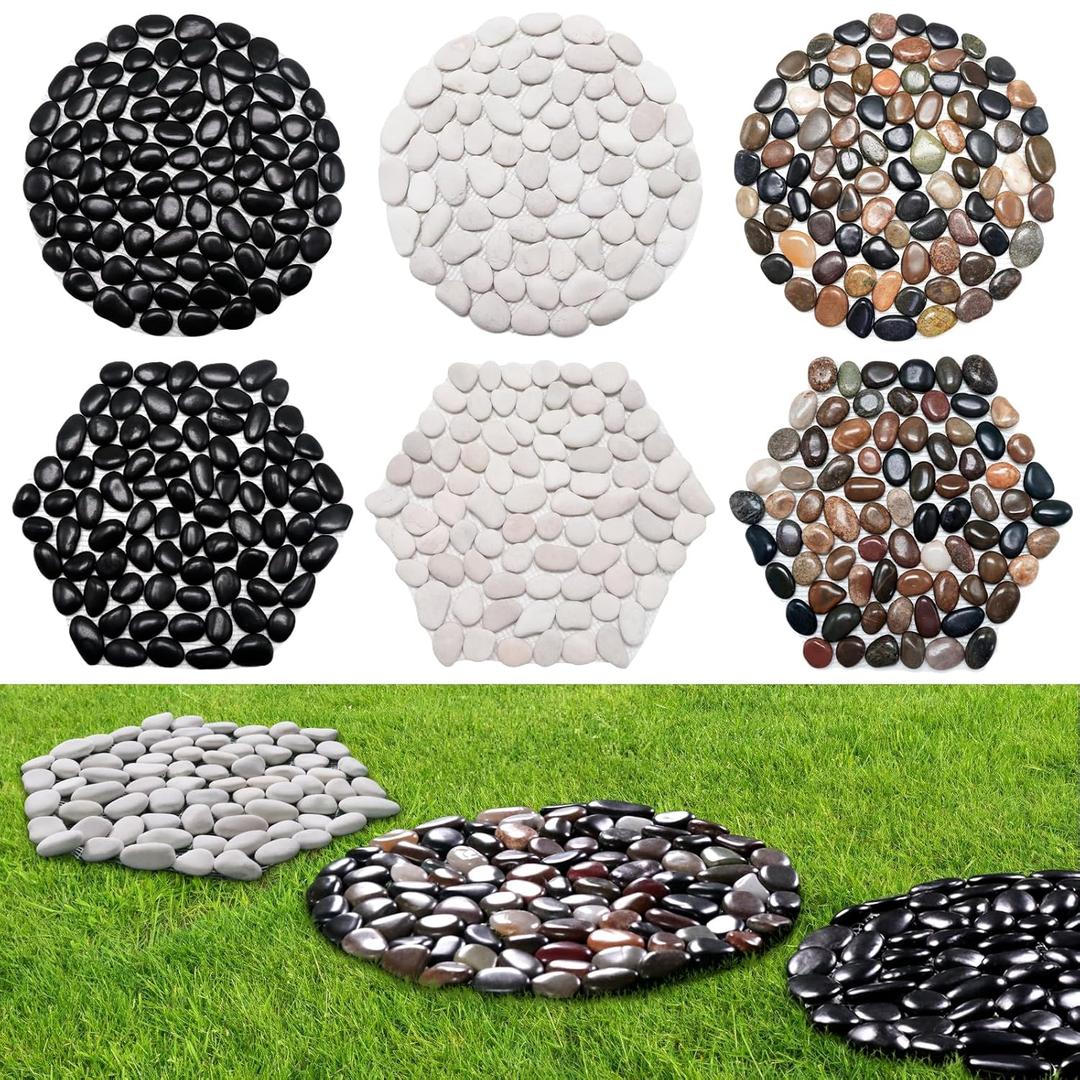 10in River Rock Stepping Stones Set - 6 Pack | Polished Pebble | Long-Lasting PVC Mesh Backing | Perfect for Garden Paths and Lawns Outdoor Landscaping Decoration | Rhombus and Round Set (Black/White/Mix)