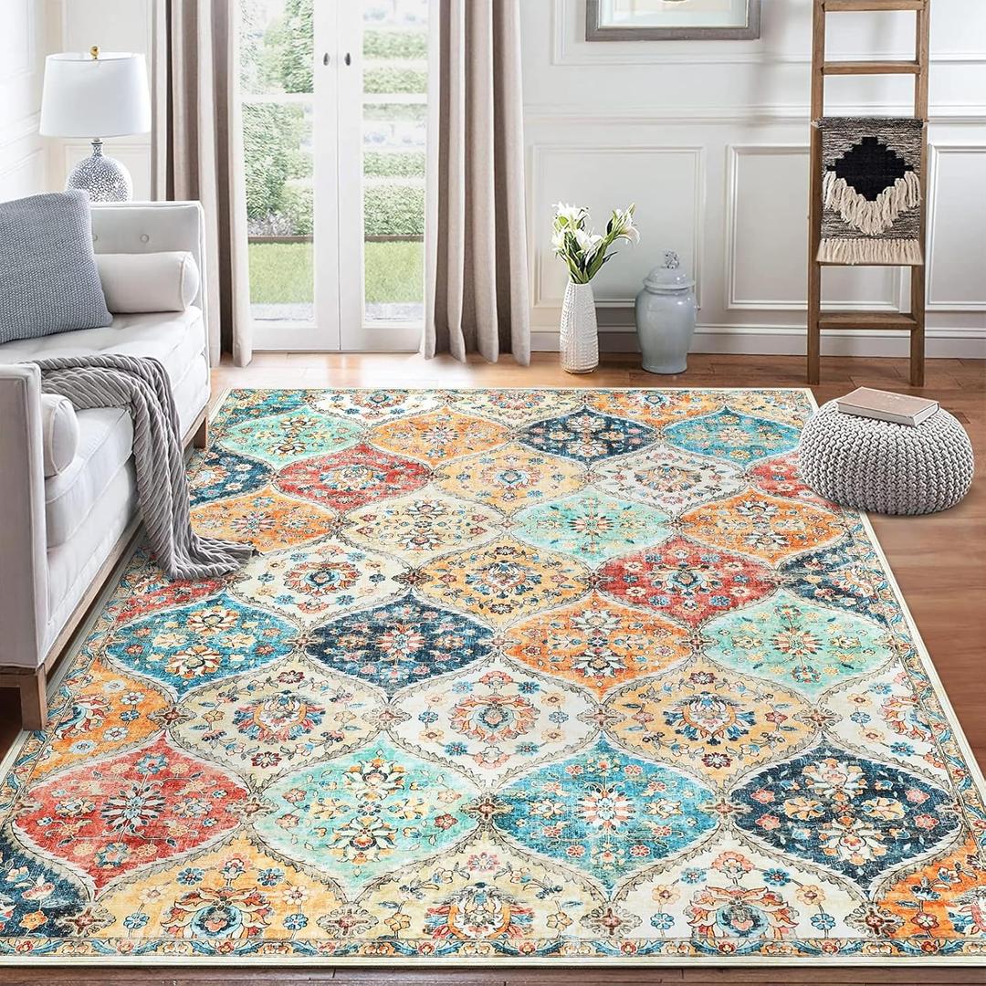 9x12 Area Rug Large Moroccan Trellis Machine Washable Rug Vintage Medallion Distressed Indoor Accent Rug Stain Resistant Non-Slip Floor Cover Carpet Rug for Living Room Bedroom, Cream (9 x 12 Feet, Cream/Multi)