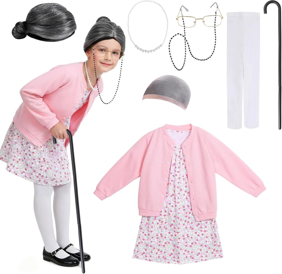 Nihaoya 9 Pcs Old Lady Costume for Kids,100 Days of School Costume for Girls, Granny Grandma Dress Up (8-10Y)