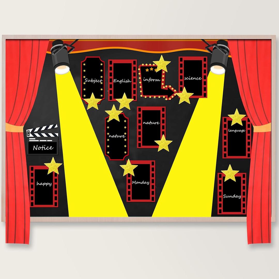 Mooliwe 28 Pcs Movie Night Bulletin Board Classroom Decor Backdrop Red Carpet Movie Party Light Camera Action Star Cutout DIY Bulletin for Welcome School New Grade Door Chalkboard Wall Birthday Decor