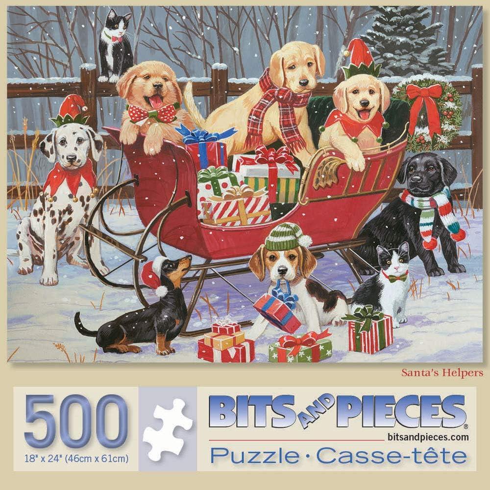 Bits and Pieces  500 Piece Jigsaw Puzzle for Adults  Santa's Helpers - Puppies Christmas Sleigh Jigsaw Puzzle by Artist William Vanderdasson, Completed Puzzle Size: 18" x 24"
