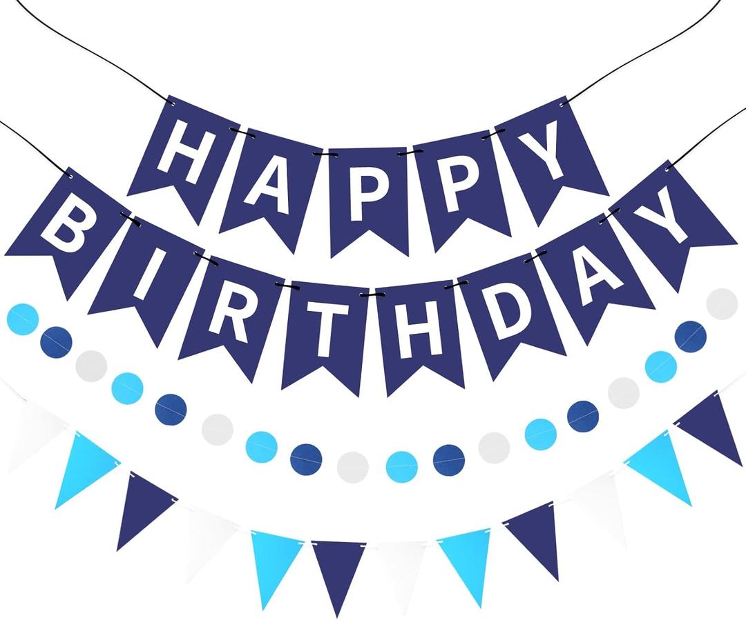 Blue Happy Birthday Banner, Happy Birthday Decorations Hanging Birthday Sign Circle Dot Triangle Bunting for Women Men Girl Boy Party Supplies