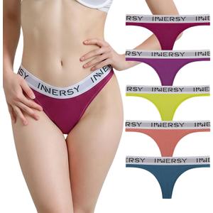 INNERSY Womens Thongs Underwear Cotton Sporty Thong Panties 5-Pack (S)