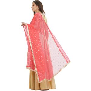 themilestocks TMS Woman's Embellished Net Dupatta Scarf Shawl Wrap Soft Indian Bridal Wedding (87 Inches X 44 Inches || 220 cm X 112cm, Coral)