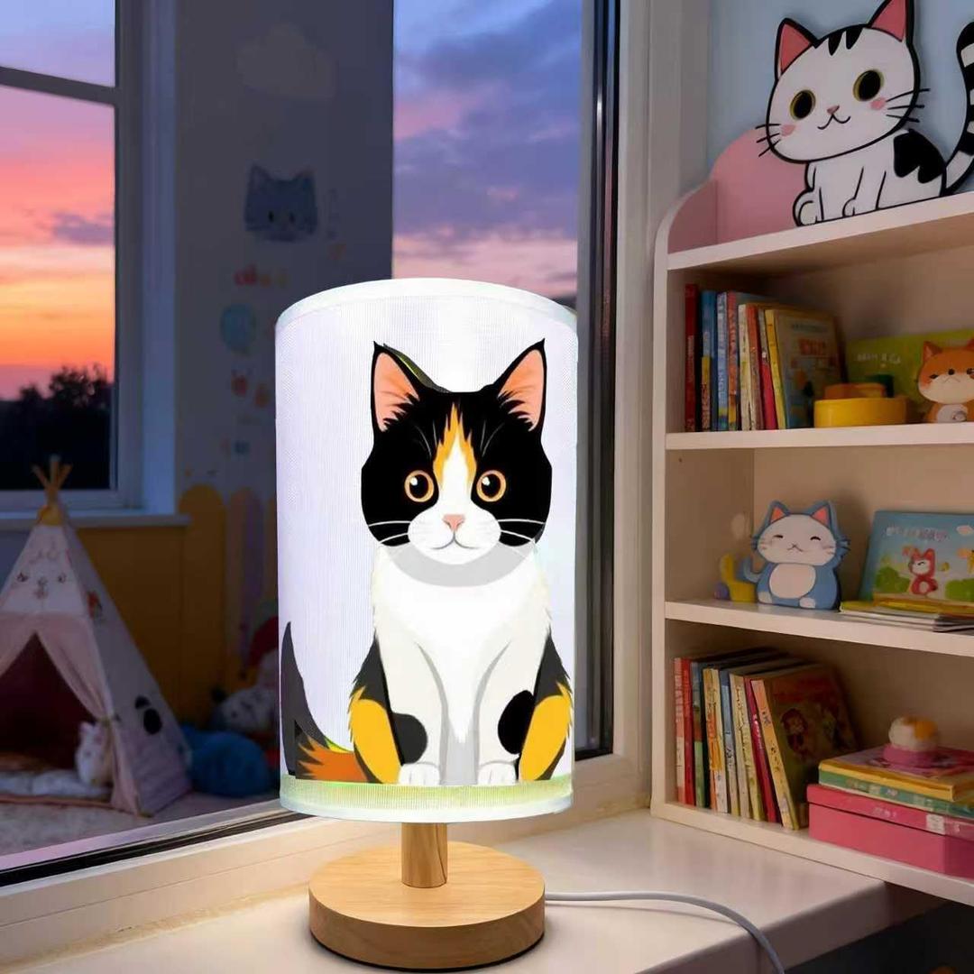 Cat Lamp, Cat Night Light,3 Color Night Light Wood Nightstand Desk Base Flaxen Fabric Shade for Bedroom Living Room, Cats Lovers Gifts, LED Bulb Included