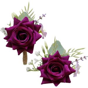 MAFELOE 2 Pieces Party Prom Homecoming Artificial Rose Corsage and Boutonniere Set, Groom Groomsmen Bride Bridesmaids Wedding Simulation Flowers Accessories Suit Decorations- Red Violet